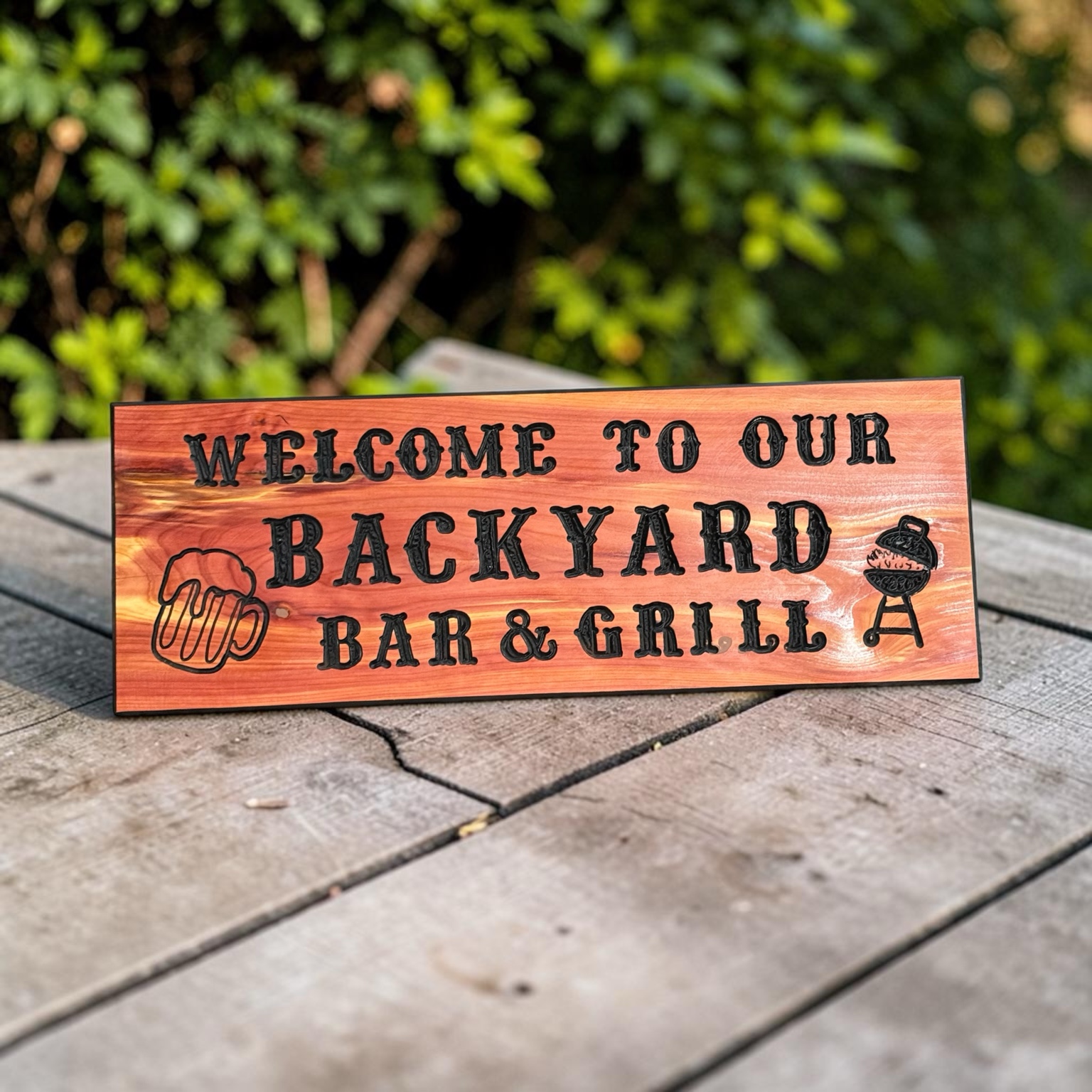 Custom engraved backyard bar and grill wooden sign