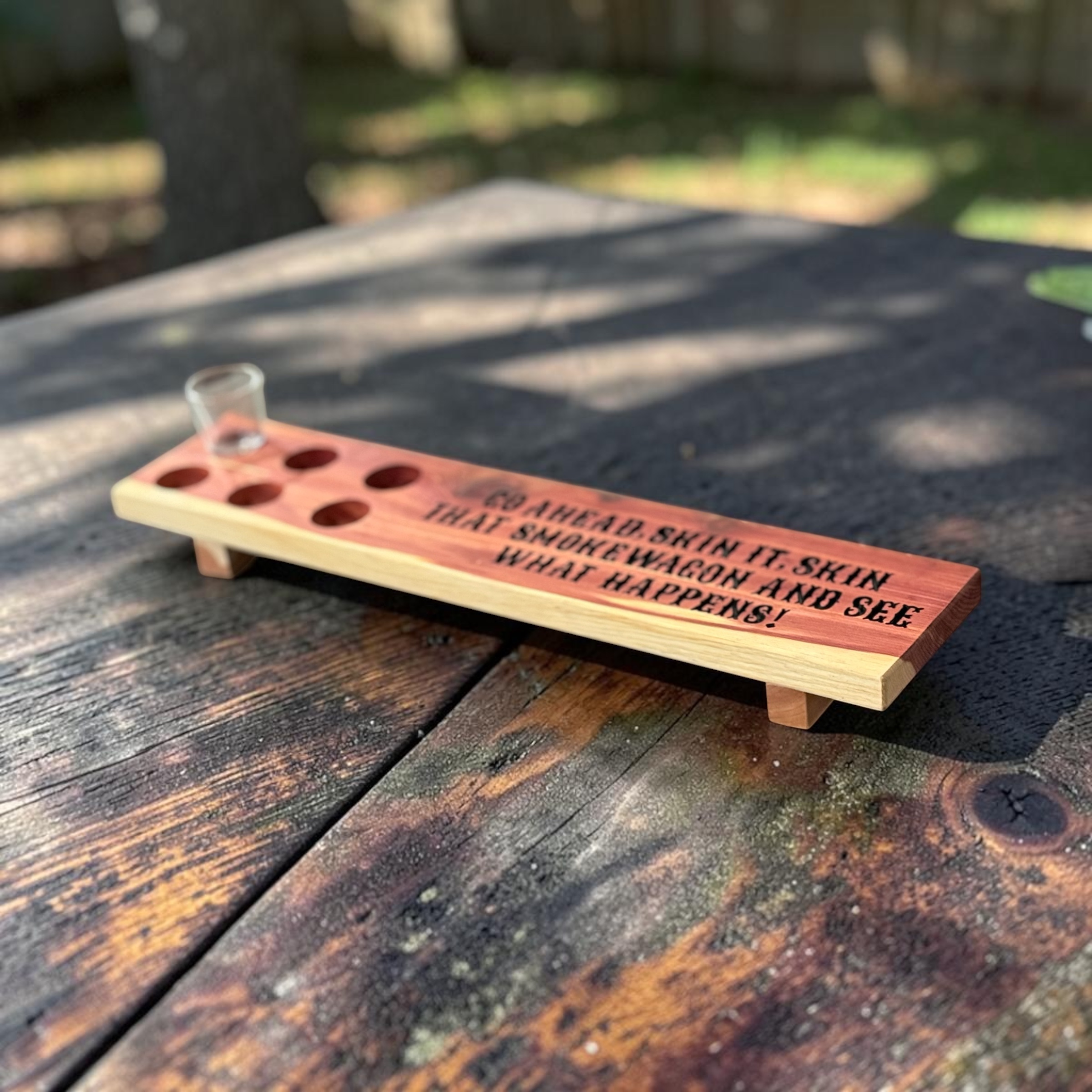 Handcrafted six-glass tequila flight board with engraved saying